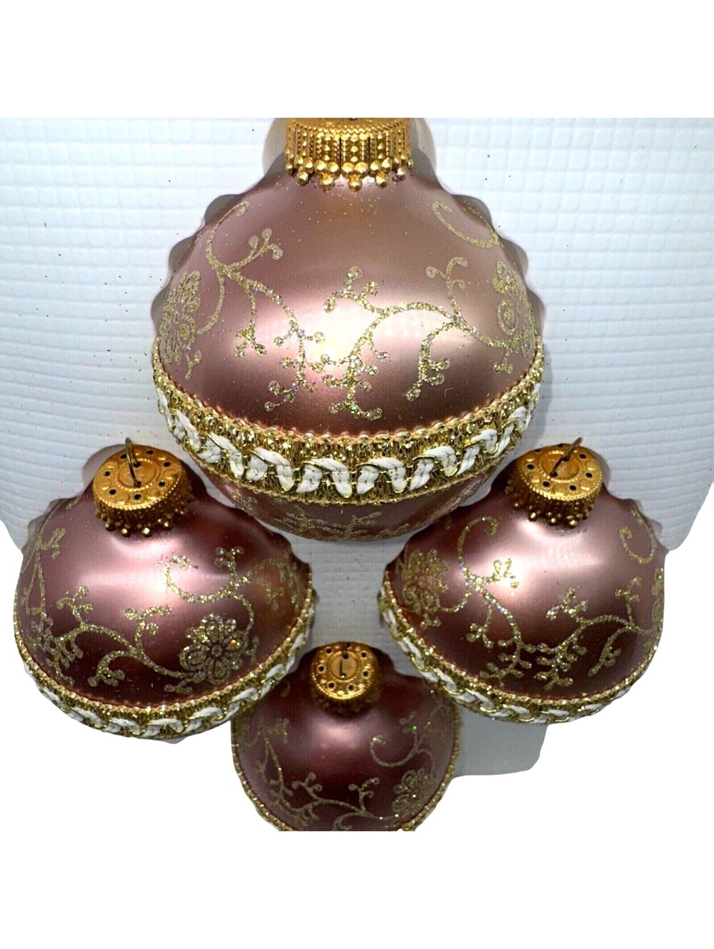 5 Vintage Dusty Antique Rose Gold Krebs Glass Ball Ornament Victorian Chic 2.5"